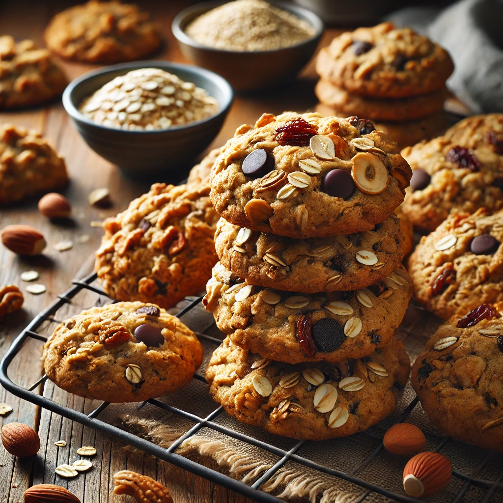A batch of freshly baked Trail Mix Cookies with a golden-brown color and a chewy, textured surface. The cookies are packed with nuts, dried fruit, chocolate chips, and oats. Some cookies are stacked, while others cool on a wire rack. They are arranged on a rustic wooden table, accompanied by a small bowl of mixed nuts and dried fruit, a dusting of oats, and a linen napkin. Warm, natural lighting enhances the cozy, homemade feel.