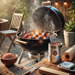 A backyard grill is set up as a smoker, with a smoker box emitting gentle smoke placed over glowing coals. Presoaked wood chips are visible inside the box, and a DIY smoker made from a tin can with holes punched in it is also emitting smoke. The setup includes a small bowl of wood chips, a roll of aluminum foil, and grilling tools neatly arranged beside the grill. The background features a cozy backyard with greenery and soft natural light, highlighting the smoke curling up and the warm glow of the coals.