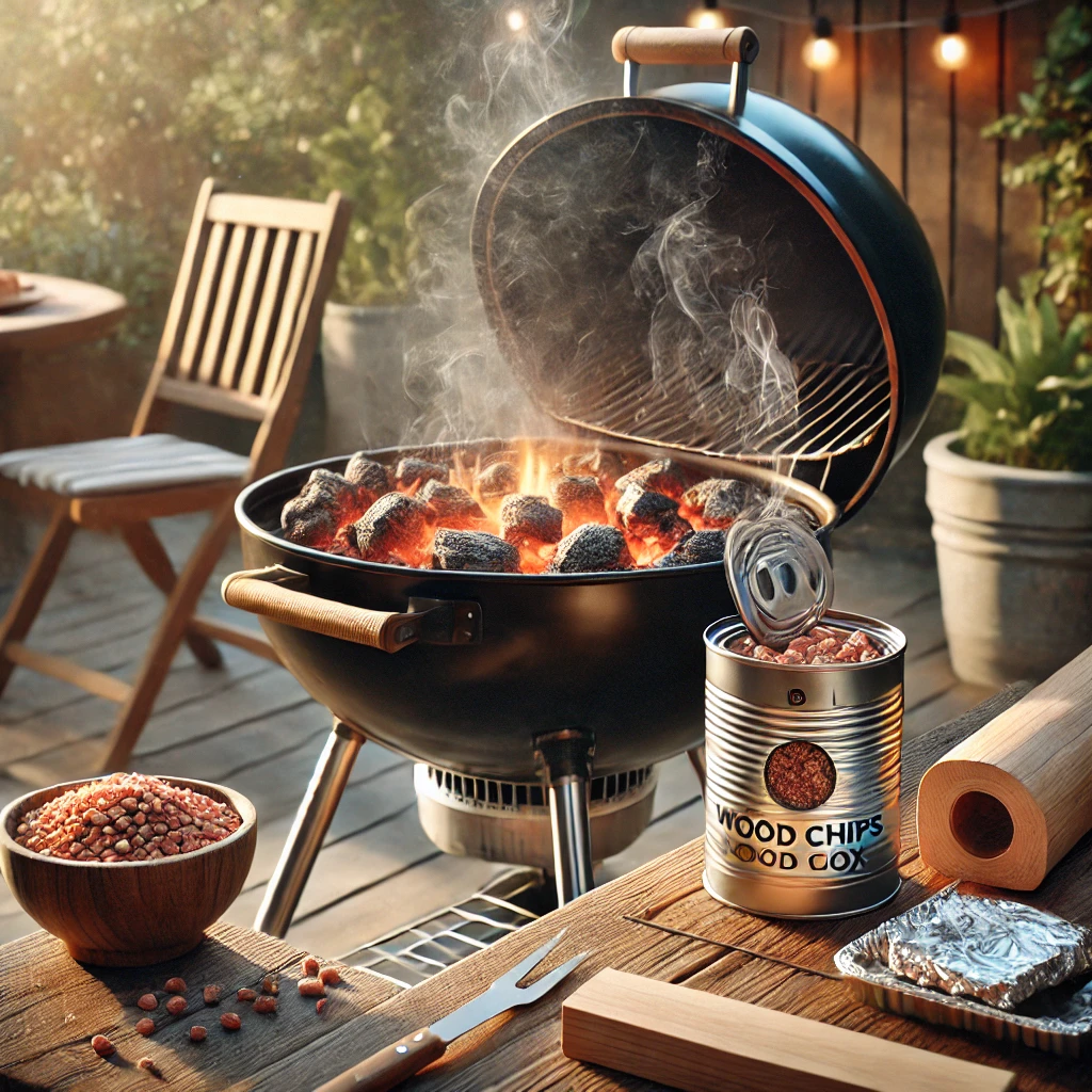 A backyard grill is set up as a smoker, with a smoker box emitting gentle smoke placed over glowing coals. Presoaked wood chips are visible inside the box, and a DIY smoker made from a tin can with holes punched in it is also emitting smoke. The setup includes a small bowl of wood chips, a roll of aluminum foil, and grilling tools neatly arranged beside the grill. The background features a cozy backyard with greenery and soft natural light, highlighting the smoke curling up and the warm glow of the coals.