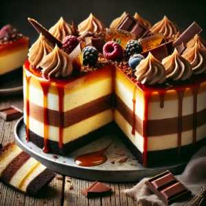 A stunning triple-layer cheesecake on a rustic wooden table, featuring three distinct layers: a rich chocolate base, a creamy vanilla middle, and a luscious caramel or fruit-infused top layer. The surface is decorated with chocolate shavings, caramel drizzle, or fresh berries. A slice is cut to reveal the beautifully layered interior, with scattered chocolate pieces and crumbs adding to the homemade charm. Soft natural lighting highlights the smooth textures and indulgent tones.