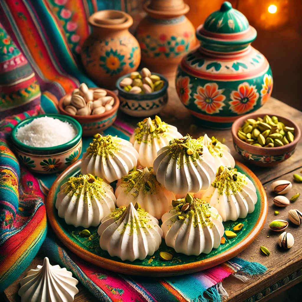 Light, airy coconut pistachio meringues piped into elegant, golden-brown mounds and topped with chopped pistachios. The meringues are arranged on a decorative Mexican-style ceramic plate, surrounded by vibrant textiles and small bowls of shredded coconut and pistachios. The background features warm natural lighting and festive Mexican decor, creating an inviting, colorful ambiance.