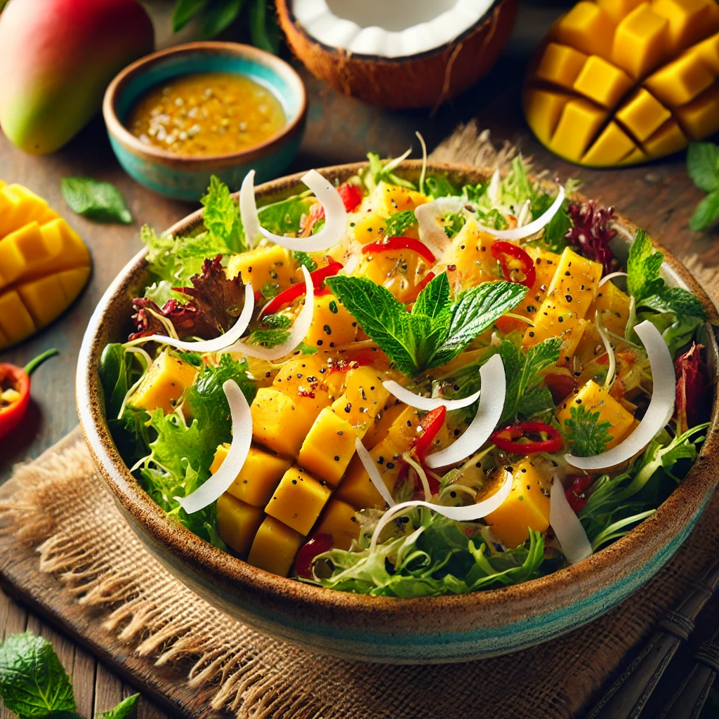 Juicy mango chunks, shredded coconut, crisp mixed greens, and sliced red bell peppers tossed in a light citrus dressing, garnished with toasted coconut flakes and fresh mint.