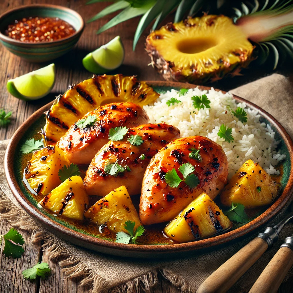 Juicy grilled chicken breasts with a golden glaze from a tropical fruit marinade, served with grilled pineapple slices and coconut rice, garnished with fresh cilantro and lime wedges.