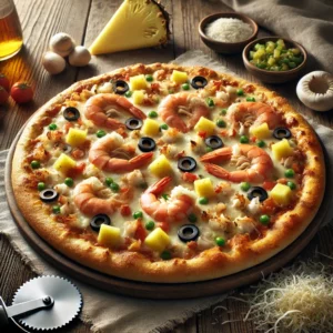 A freshly baked seafood pizza with a golden, crisp crust sits on a rustic wooden table. The pizza is topped with crab meat, tiny shrimp, crushed pineapple, sliced mushrooms, black olives, diced green peppers, and a bubbling mix of mozzarella and white cheddar cheese. Fresh ingredients like crab meat, shrimp, and pineapple pieces, along with a folded linen napkin and a pizza cutter, are arranged nearby.