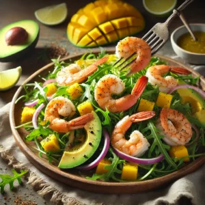 A plate of Tropical Shrimp & Arugula Delight with fresh arugula, grilled shrimp, diced mango, sliced avocado, and thinly sliced red onion on a rustic wooden table. Drizzled with zesty lime vinaigrette and sprinkled with cumin and black pepper. A serving fork lifts a shrimp, enhancing the fresh, tropical presentation.