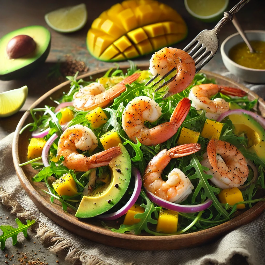 A plate of Tropical Shrimp & Arugula Delight with fresh arugula, grilled shrimp, diced mango, sliced avocado, and thinly sliced red onion on a rustic wooden table. Drizzled with zesty lime vinaigrette and sprinkled with cumin and black pepper. A serving fork lifts a shrimp, enhancing the fresh, tropical presentation.