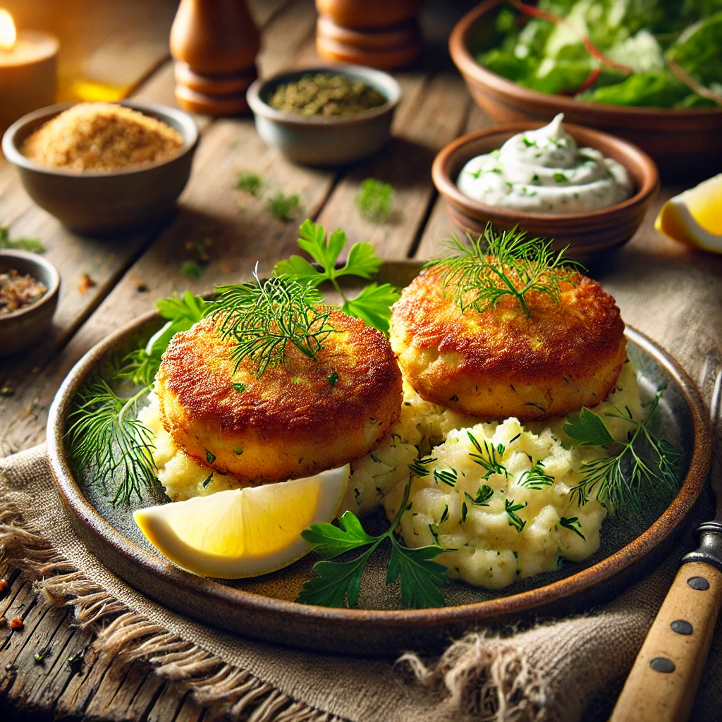 Golden-brown, crispy fishcakes made with flaky trout, fresh dill, and mashed potatoes, garnished with lemon and parsley, served with tartar sauce and a fresh green salad.