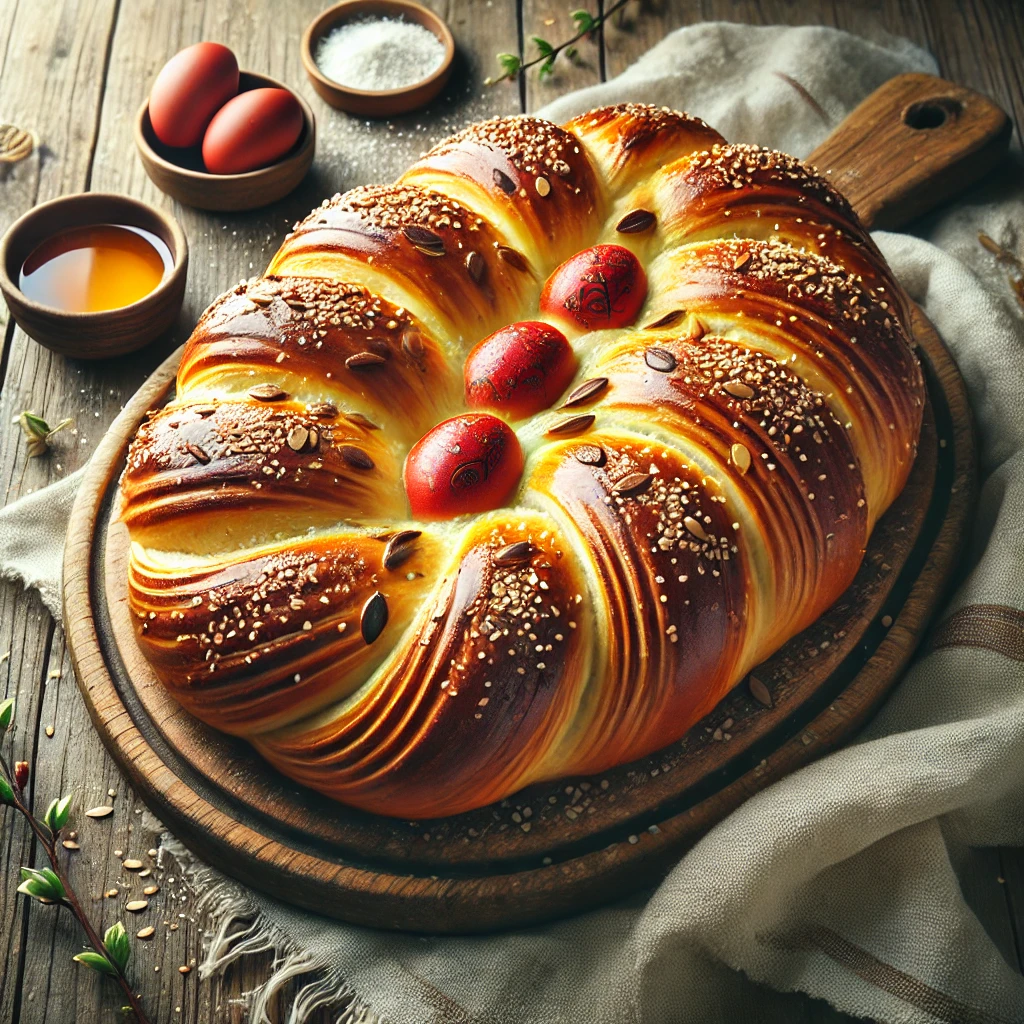 A freshly baked Tsoureki on a rustic wooden table, featuring a beautifully braided shape with a golden-brown, glossy crust. The surface is sprinkled with sesame seeds or almonds, with red-dyed eggs nestled within the braid. A few slices are cut to reveal the soft, fluffy interior with a slightly sweet, aromatic flavor. The bread rests on a wooden cutting board, accompanied by a small dish of honey, a sprig of fresh herbs, and scattered flour. Soft natural lighting enhances the warm, festive tones.