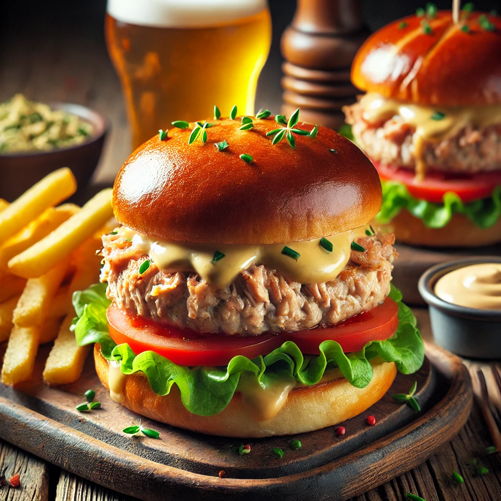 A delicious plate of Tuna Burgers with Beer Cheese Sauce, featuring golden-seared tuna patties in toasted brioche buns, topped with creamy beer cheese sauce, fresh lettuce, sliced tomatoes, and chopped chives. The burgers are served with crispy fries and a small dish of ketchup on a rustic wooden plate, with a beer glass and a bright, cozy setting enhancing the hearty appeal.