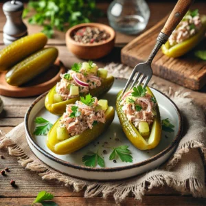 A plate of tuna salad pickle boats with crisp dill pickle halves filled with creamy tuna salad made with mayonnaise, celery, and red onion on a rustic wooden table. Garnished with fresh parsley and black pepper, with a serving fork lifting a pickle boat. A cozy napkin and wooden plate enhance the warm, inviting atmosphere.