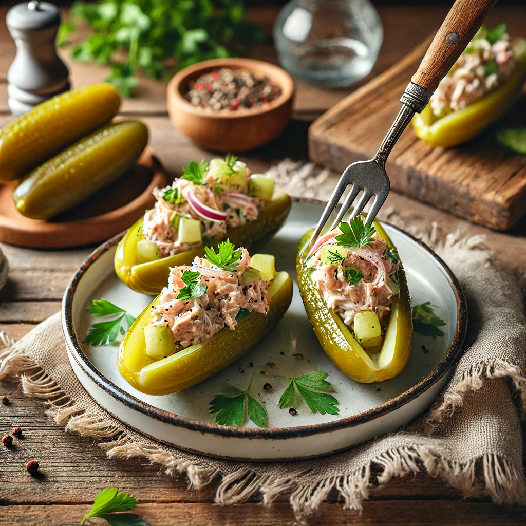 A plate of tuna salad pickle boats with crisp dill pickle halves filled with creamy tuna salad made with mayonnaise, celery, and red onion on a rustic wooden table. Garnished with fresh parsley and black pepper, with a serving fork lifting a pickle boat. A cozy napkin and wooden plate enhance the warm, inviting atmosphere.