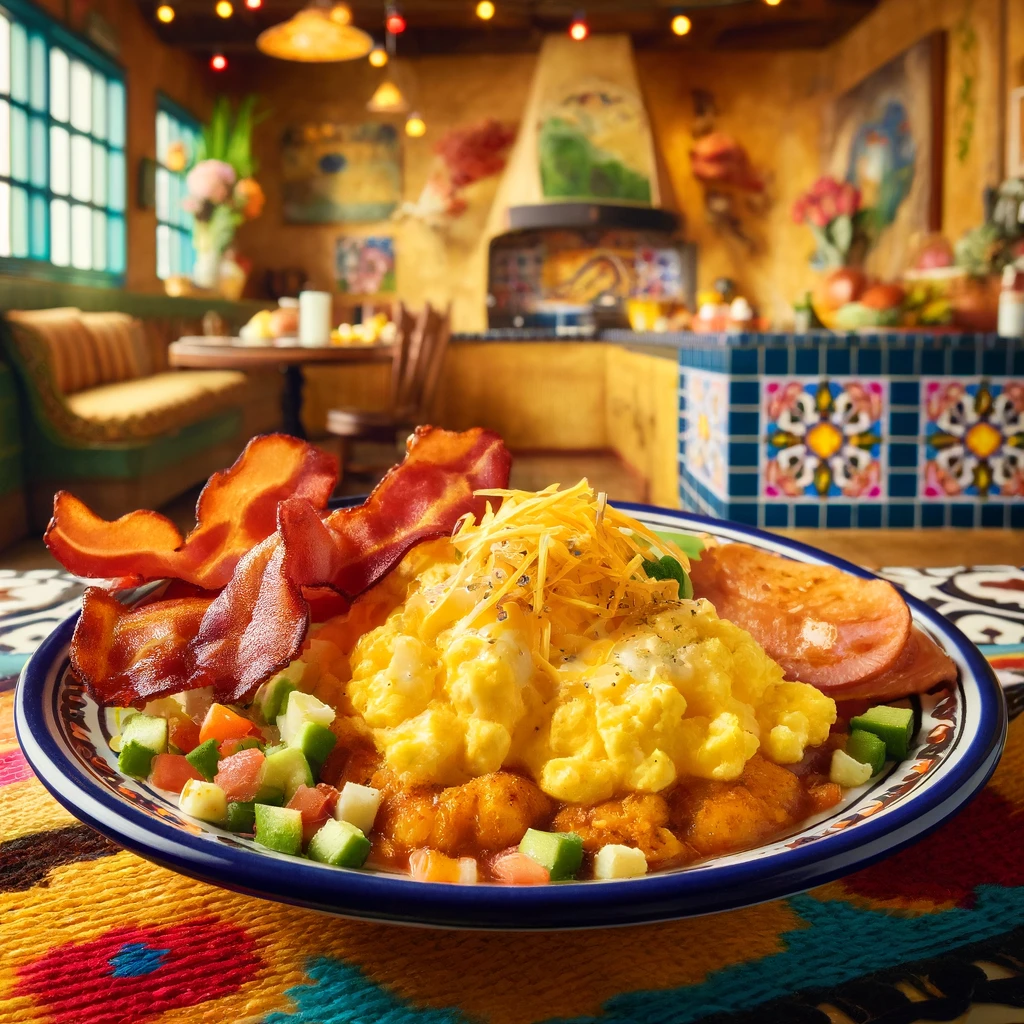 Turkey bacon with cheesy scrambled eggs served on a colorful Mexican-style plate in a vibrant kitchen.