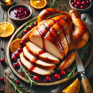 A rustic presentation of turkey breast with cranberry-orange glaze, elegantly arranged on a wooden table. The turkey breast is golden brown, sliced to reveal its juicy texture, and drizzled with a glossy cranberry-orange glaze. The dish is garnished with fresh rosemary sprigs and thin orange slices for a festive touch. A carving knife rests beside the turkey, with a small dish of extra glaze nearby. Scattered around are whole cranberries, citrus zest, and rustic wooden elements. Soft natural lighting enhances the warm and inviting feel, with gentle shadows and a hint of holiday charm in the background.