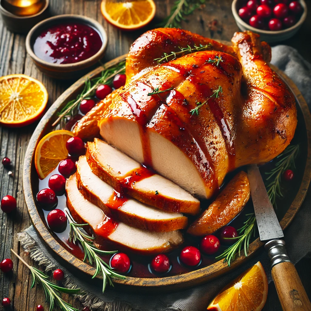 A rustic presentation of turkey breast with cranberry-orange glaze, elegantly arranged on a wooden table. The turkey breast is golden brown, sliced to reveal its juicy texture, and drizzled with a glossy cranberry-orange glaze. The dish is garnished with fresh rosemary sprigs and thin orange slices for a festive touch. A carving knife rests beside the turkey, with a small dish of extra glaze nearby. Scattered around are whole cranberries, citrus zest, and rustic wooden elements. Soft natural lighting enhances the warm and inviting feel, with gentle shadows and a hint of holiday charm in the background.