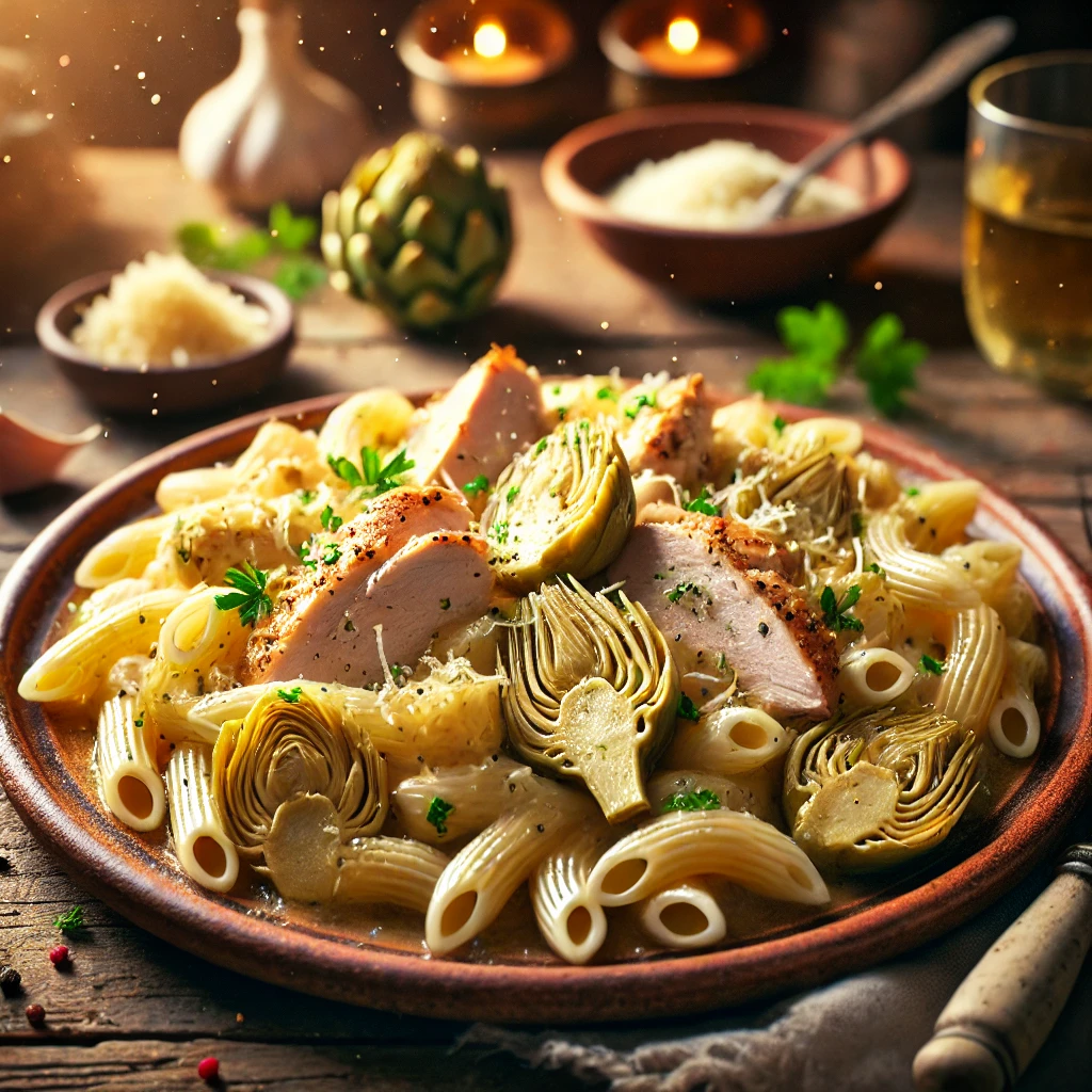 Turkey and Artichokes over Elbow Pasta on a rustic ceramic plate, featuring sautéed turkey and artichoke hearts in a light garlic herb sauce. Garnished with parsley and Parmesan, set on a wooden table with white wine and Parmesan in the softly blurred background.