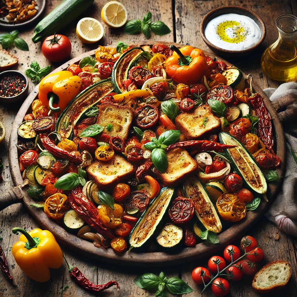 A colorful Turkish Bread & Roasted Vegetable Salad served on a rustic wooden platter. The dish features crispy Turkish bread, roasted multicolored peppers, golden courgette slices, caramelized shallots, and dried tomatoes, garnished with fresh basil and lamb’s lettuce. A small dish of creamy yogurt is placed alongside. The wooden table is surrounded by fresh lemons, olive oil, and pepper paste, illuminated by warm natural light.