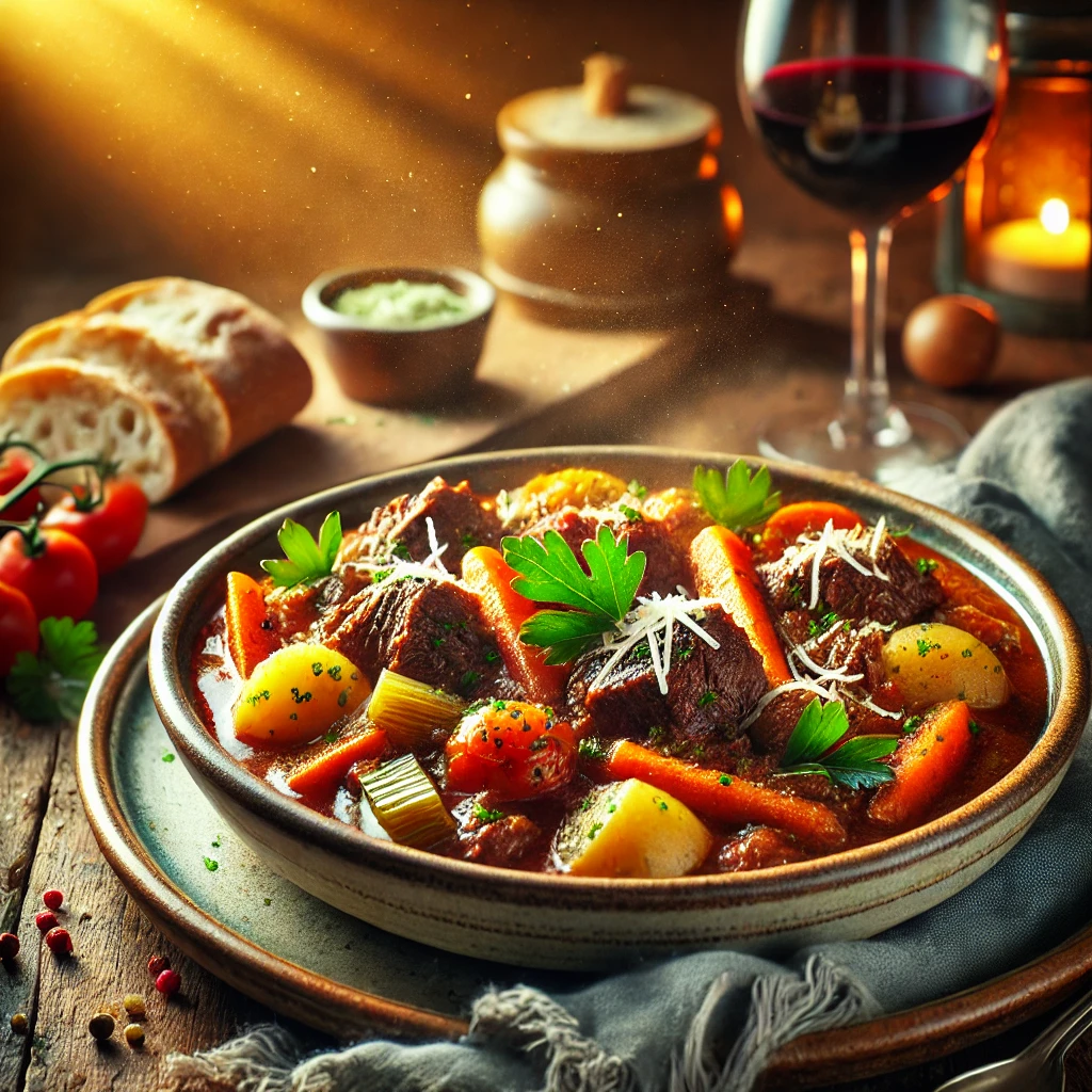 Tuscan Beef Stew in a rustic ceramic bowl, featuring slow-cooked beef in a rich tomato-based broth with carrots, onions, celery, and potatoes. Garnished with fresh parsley and Parmesan, set on a wooden table with crusty bread and a glass of red wine in the softly blurred background.