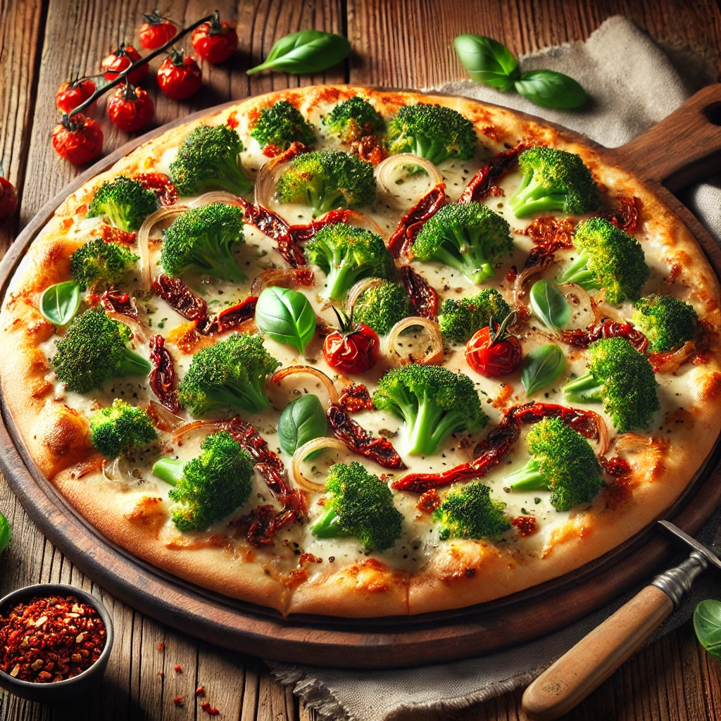 A beautifully plated Tuscan Broccoli Pizza served on a rustic wooden table. The pizza features a crispy golden crust topped with a creamy garlic sauce, melted mozzarella cheese, roasted broccoli florets, sun-dried tomatoes, and caramelized onions. Garnished with fresh basil leaves and a sprinkle of Parmesan cheese. Arranged on a wooden pizza board with a side of crushed red pepper flakes. The warm wooden table is more visible, providing a cozy and inviting setting.