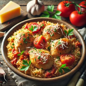 A hearty Tuscan-inspired dish featuring golden-brown chicken pieces nestled in tomato-infused rice, garnished with Parmesan cheese and fresh herbs, served in a rustic ceramic bowl.
