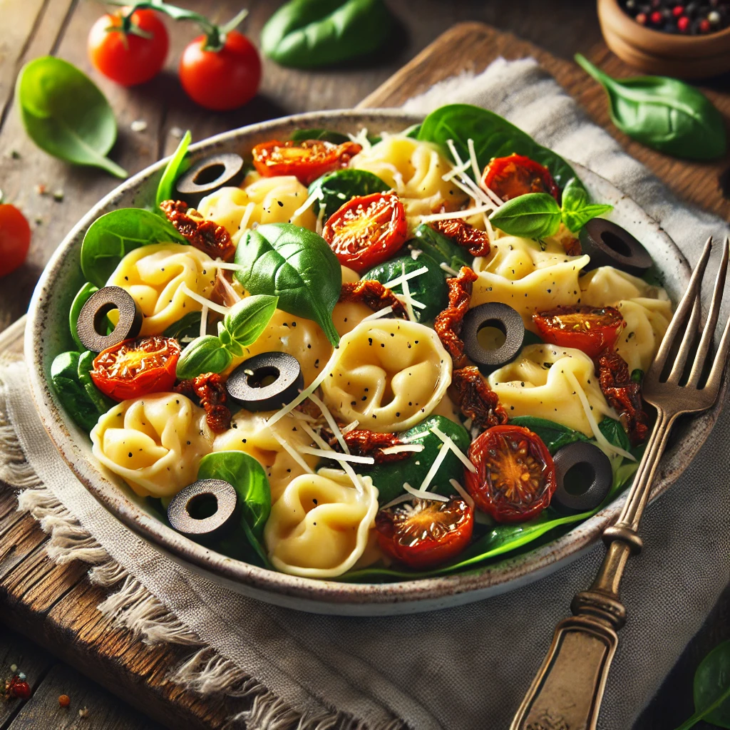 A bowl of Tuscan tortellini salad with cheese-filled tortellini, sun-dried tomatoes, fresh spinach, black olives, cherry tomatoes, and Parmesan cheese, coated in a light Italian dressing on a rustic wooden table. Fresh basil leaves garnish the dish, with a serving fork lifting a portion to reveal the fresh ingredients. A cozy napkin and wooden plate enhance the warm, inviting atmosphere.