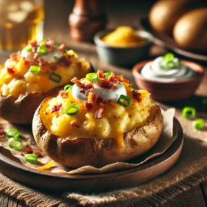 Twice-Baked Potatoes on a rustic wooden platter, featuring crispy potato skins filled with creamy mashed potatoes, cheese, butter, and sour cream. Topped with melted cheddar, crispy bacon bits, and green onions, set on a wooden table with sour cream and a glass of iced tea in the softly blurred background.