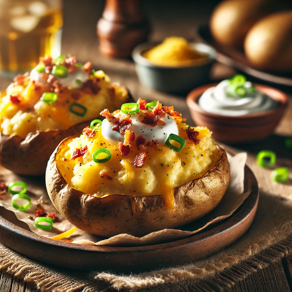 Twice-Baked Potatoes on a rustic wooden platter, featuring crispy potato skins filled with creamy mashed potatoes, cheese, butter, and sour cream. Topped with melted cheddar, crispy bacon bits, and green onions, set on a wooden table with sour cream and a glass of iced tea in the softly blurred background.