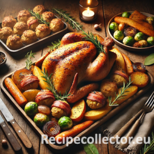Realistic image of a cozy holiday meal featuring a roasted turkey crown with bacon-wrapped stuffing balls in one tray, and crispy potatoes, glazed carrots, sticky parsnips, and Brussels sprouts in the other, all on a rustic wooden table.