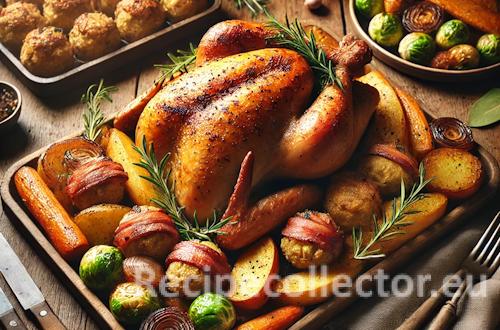 Realistic image of a cozy holiday meal featuring a roasted turkey crown with bacon-wrapped stuffing balls in one tray, and crispy potatoes, glazed carrots, sticky parsnips, and Brussels sprouts in the other, all on a rustic wooden table.