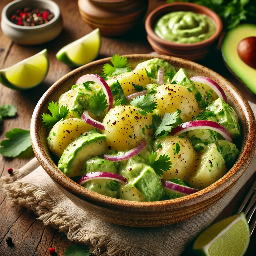 Tender potato chunks mixed with ripe avocado, red onion, and fresh herbs, all coated in a zesty lime dressing, garnished with chopped cilantro and black pepper.