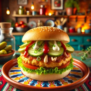 Chicken burger with green onions, pickles, ketchup, and mustard, served on a colorful Mexican-style plate.