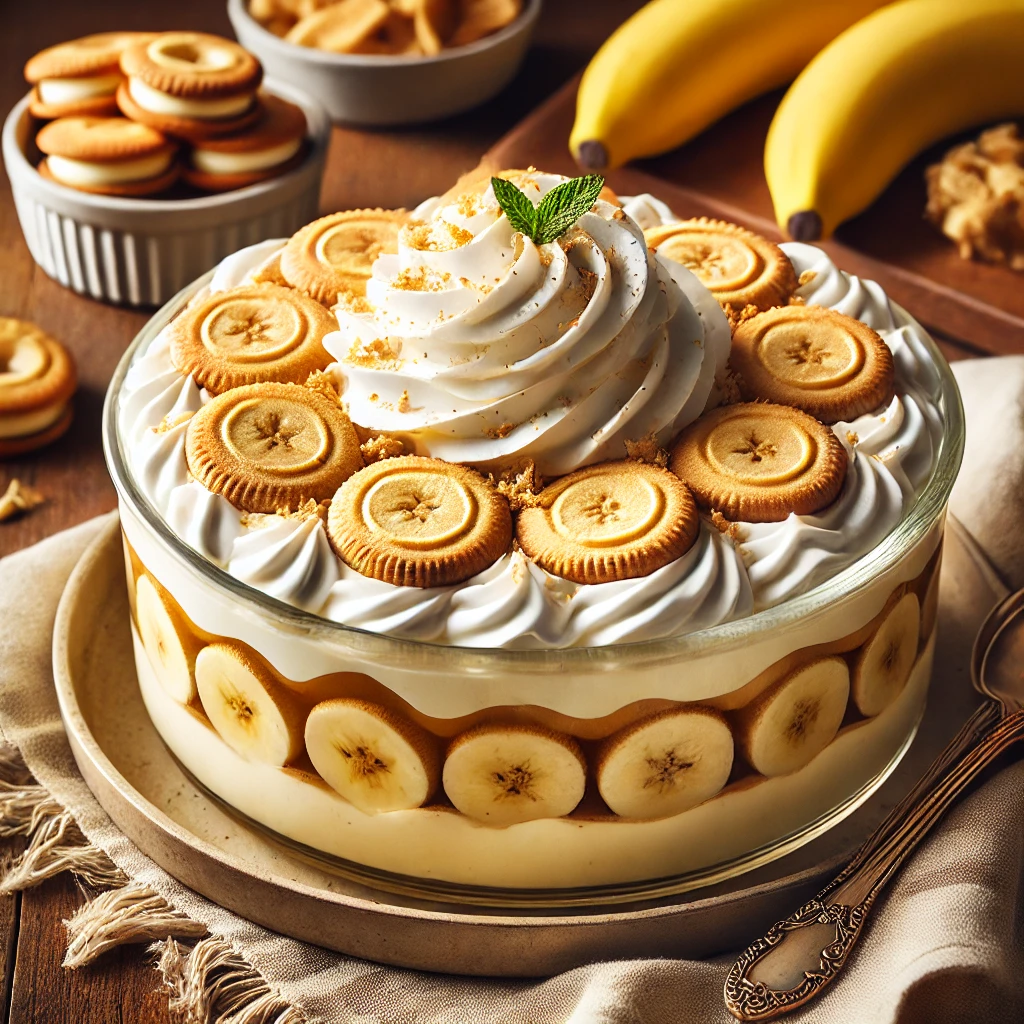 A clear glass baking dish showcasing layers of vanilla wafers, fresh banana slices, and creamy French vanilla pudding, topped with smooth whipped cream. Garnished with crumbled wafers and banana slices, the dessert is set on a cozy kitchen table with a soft napkin and dessert spoons, highlighted by warm natural lighting.
