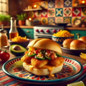 Easy chicken sliders with crispy chicken on soft rolls, served on a colorful Mexican-inspired plate.