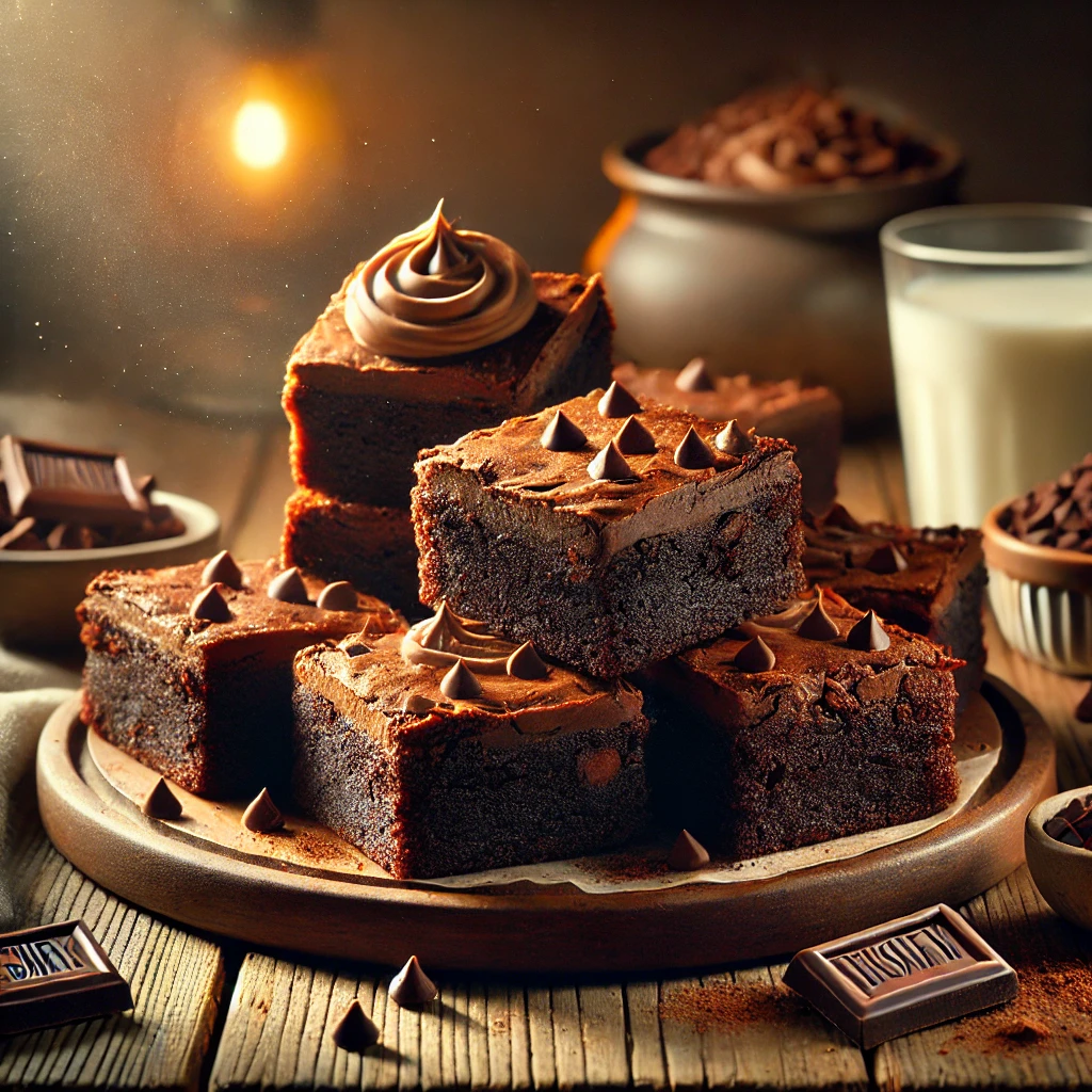 Ultimate Chocolate Brownies from Hershey's on a rustic wooden platter, featuring rich, fudgy brownies topped with smooth buttercream frosting. Some pieces are stacked to showcase their moist interior with melted chocolate chips, set on a wooden table with a glass of milk and a bowl of extra chocolate chips in the softly blurred background.