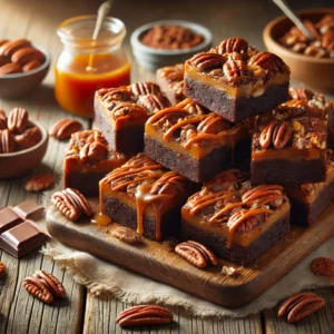 A rustic presentation of ultimate turtle brownies, elegantly arranged on a wooden table. The brownies have a rich, fudgy chocolate base topped with gooey caramel, crunchy pecans, and a smooth chocolate drizzle. Some brownies are stacked on a wooden cutting board, while others are cut into squares to showcase the decadent layers. Scattered around are whole and chopped pecans, caramel drizzle, and chocolate chunks. Soft natural lighting enhances the warm and indulgent feel, with gentle shadows and a hint of greenery in the background.