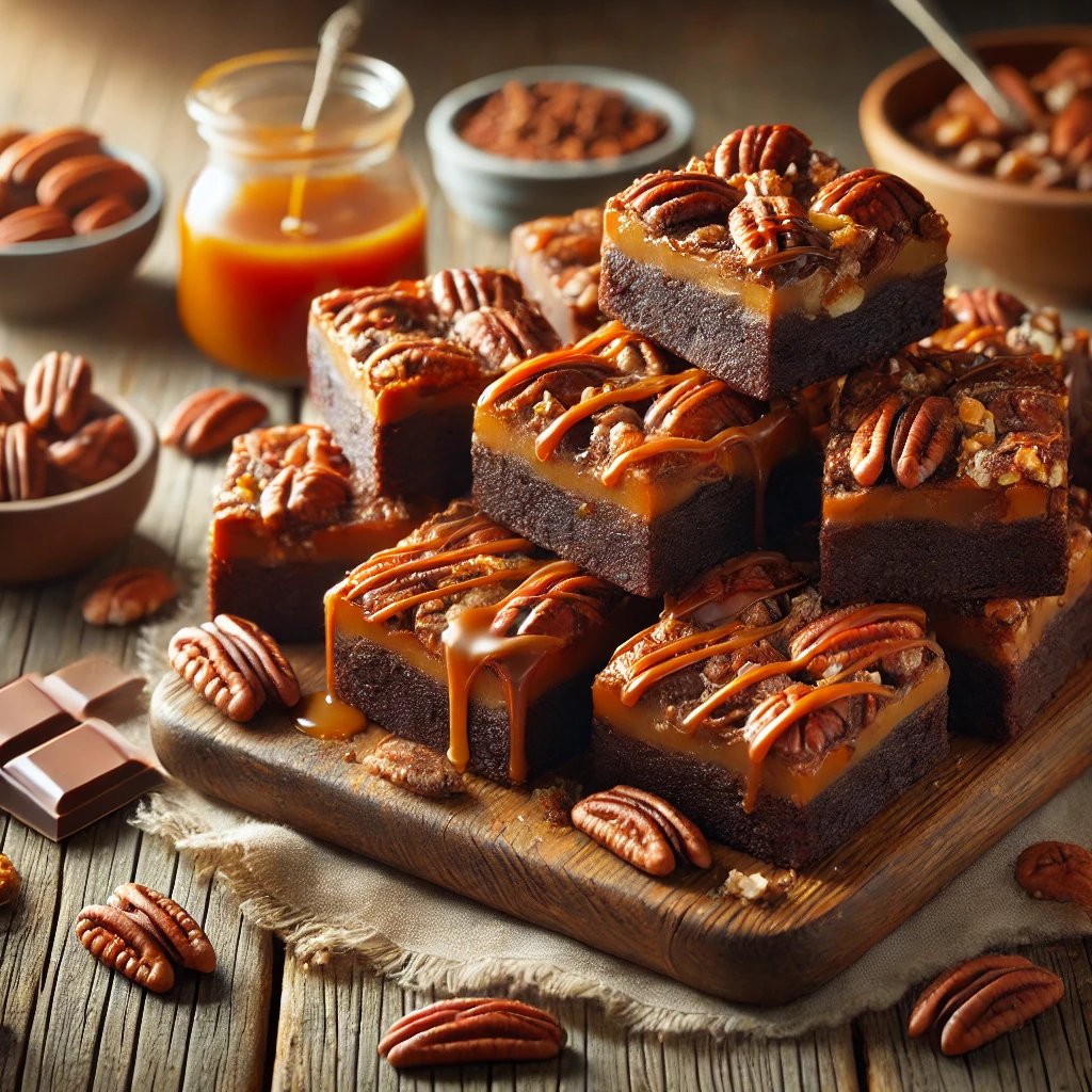 A rustic presentation of ultimate turtle brownies, elegantly arranged on a wooden table. The brownies have a rich, fudgy chocolate base topped with gooey caramel, crunchy pecans, and a smooth chocolate drizzle. Some brownies are stacked on a wooden cutting board, while others are cut into squares to showcase the decadent layers. Scattered around are whole and chopped pecans, caramel drizzle, and chocolate chunks. Soft natural lighting enhances the warm and indulgent feel, with gentle shadows and a hint of greenery in the background.