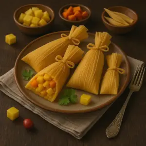 A rustic ceramic plate with Peruvian tamales wrapped in golden corn husks, one revealing a colorful filling of pineapple and papaya cubes. Garnished with cilantro and served with diced tropical fruit in wooden bowls, all set on a dark wooden table with soft, warm lighting.