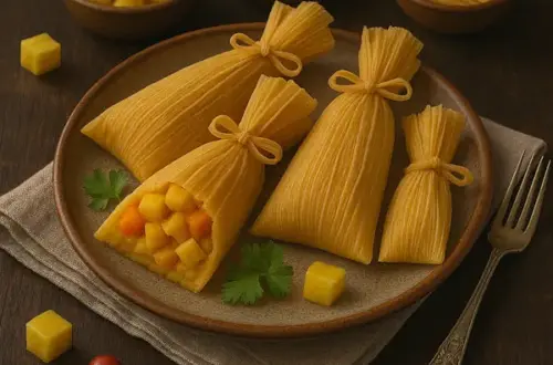 A rustic ceramic plate with Peruvian tamales wrapped in golden corn husks, one revealing a colorful filling of pineapple and papaya cubes. Garnished with cilantro and served with diced tropical fruit in wooden bowls, all set on a dark wooden table with soft, warm lighting.