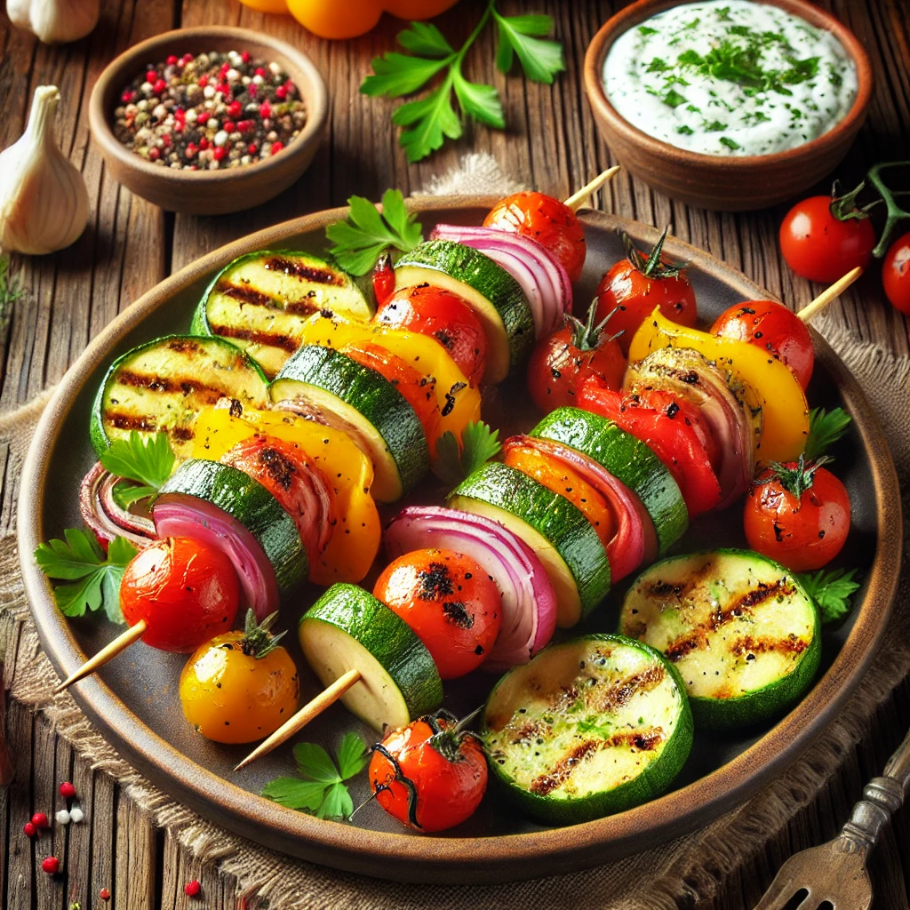 Grilled skewers with bell peppers, zucchini, cherry tomatoes, red onions, and mushrooms, served with a creamy herb yogurt dipping sauce, garnished with parsley and sesame seeds.