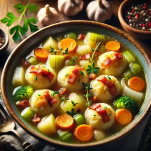 A beautifully plated bowl of vegetable soup with bacon dumplings, featuring a hearty broth filled with diced carrots, celery, potatoes, and leeks. The bowl rests on a rustic wooden table, with soft, warm lighting highlighting the comforting and homemade presentation.