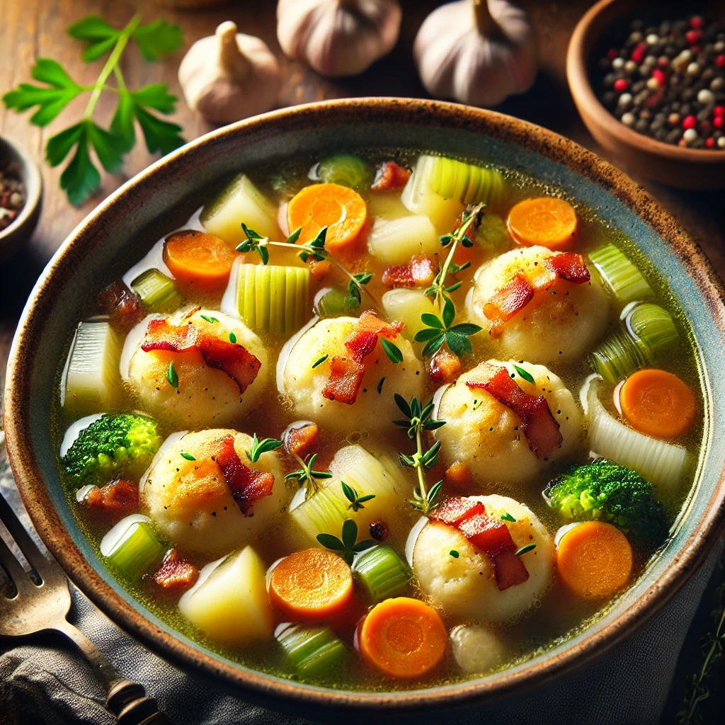 A beautifully plated bowl of vegetable soup with bacon dumplings, featuring a hearty broth filled with diced carrots, celery, potatoes, and leeks. The bowl rests on a rustic wooden table, with soft, warm lighting highlighting the comforting and homemade presentation.