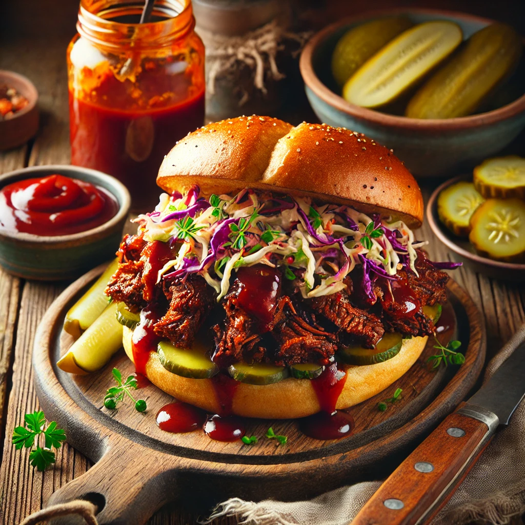 A Vegan Barbecue 'Beef' Sandwich with plant-based BBQ 'beef,' coleslaw, and smoky barbecue sauce on a toasted bun, served with pickle slices on a wooden plate, accompanied by a bowl of BBQ sauce and parsley.