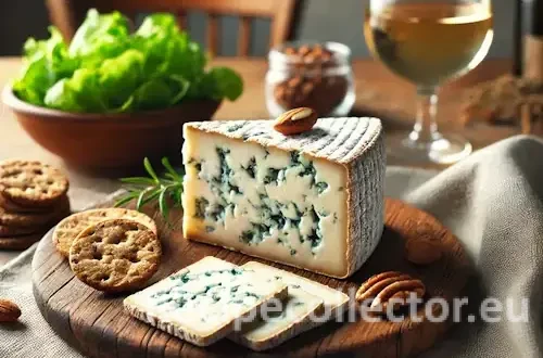 Slices of marbled vegan Brazil Nut Bleu cheese served on a rustic wooden board with whole grain crackers, green salad leaves, and a glass of white wine in a cozy, natural setting.