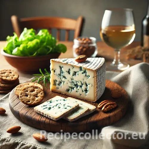 Slices of marbled vegan Brazil Nut Bleu cheese served on a rustic wooden board with whole grain crackers, green salad leaves, and a glass of white wine in a cozy, natural setting.