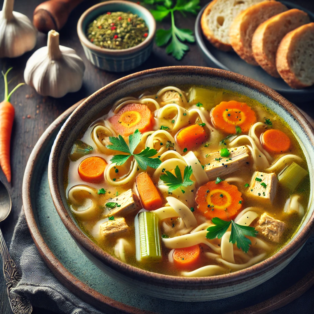 A rustic ceramic bowl filled with vegan "chicken" noodle soup, featuring noodles, plant-based "chicken," carrots, celery, and fresh parsley in a golden broth, accompanied by a slice of crusty bread on a dark wooden table in soft natural light.