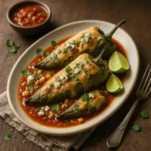 English alt text: A 600×600 photoreal pesto-style image—two battered vegan chiles rellenos stuffed with plant-based cheese and tofu picadillo, served on a pool of ranchero tomato sauce on a matte off-white oval plate; garnished with cilantro, crumbled vegan queso, charred corn, and lime wedges; shallow depth-of-field, softly bright light; placed on the same rustic plank wooden table as the reference; no text on the image.