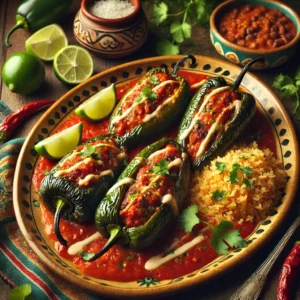 A plate of Vegan Chiles Rellenos with roasted poblano peppers stuffed with soy chorizo and vegan cheese, topped with tomato sauce and vegan crema, garnished with cilantro, served with lime wedges, rice, and beans.