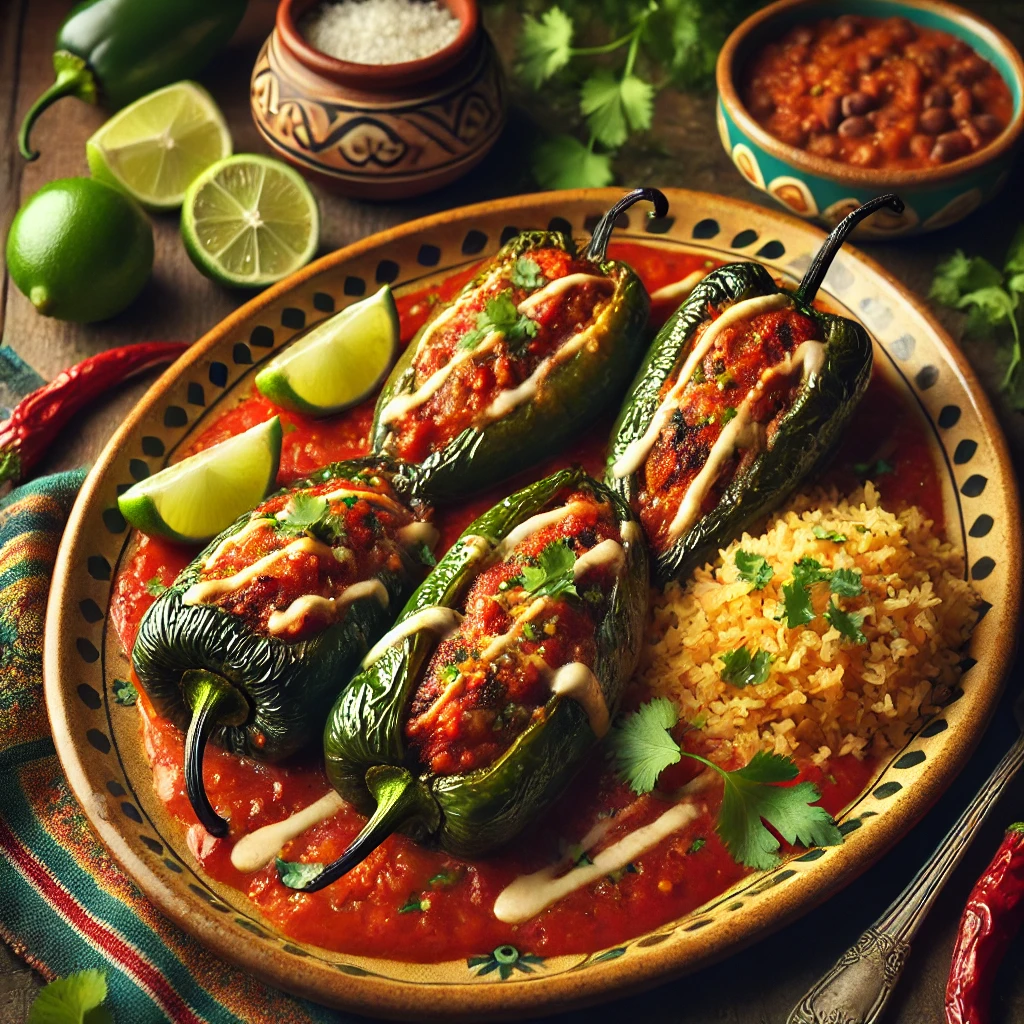 A plate of Vegan Chiles Rellenos with roasted poblano peppers stuffed with soy chorizo and vegan cheese, topped with tomato sauce and vegan crema, garnished with cilantro, served with lime wedges, rice, and beans.