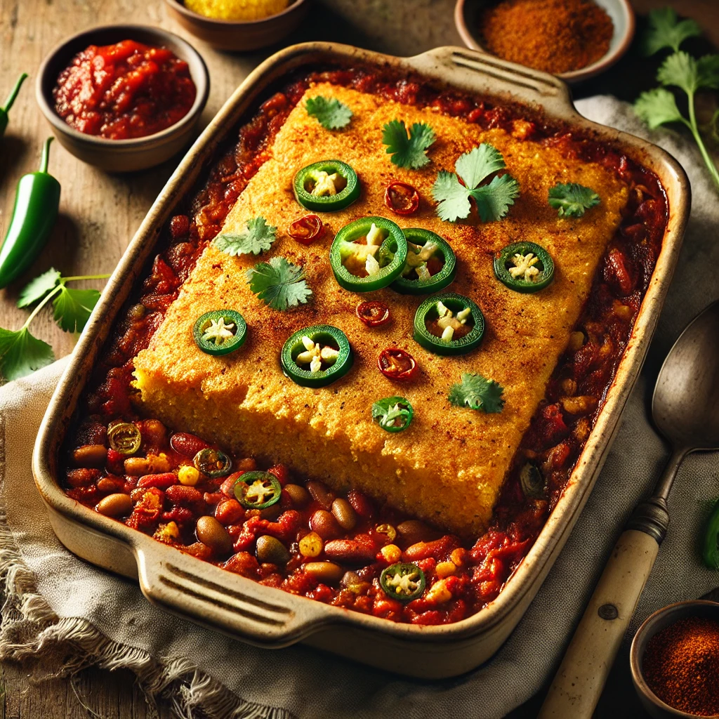 A rustic ceramic baking dish of Vegan Chili Cornbread Casserole with a golden cornbread topping, garnished with sliced jalapeños, cilantro, and paprika, set on a wooden table with a spoon and salsa nearby.