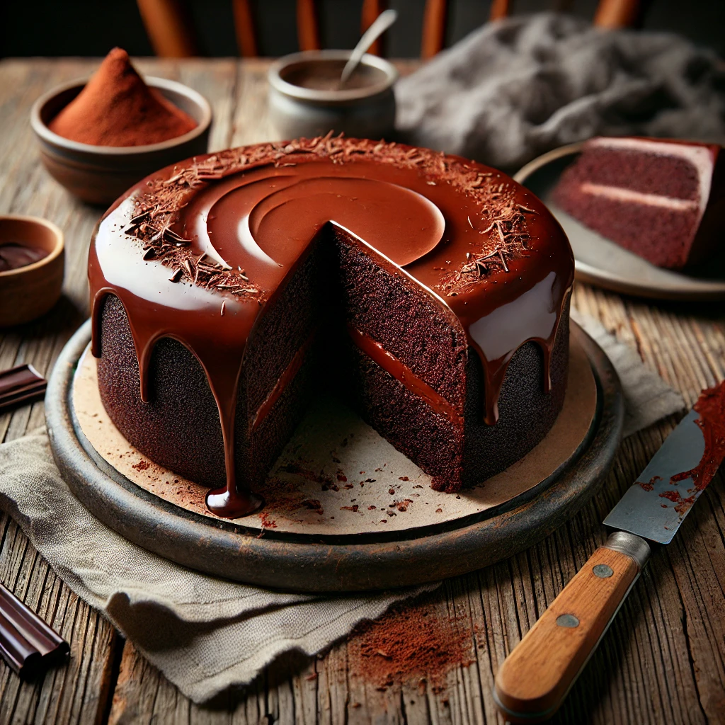 A rich and moist Vegan Chocolate Cake with a deep, dark chocolate color, topped with a smooth and glossy chocolate frosting. A few slices are cut to reveal its soft and fluffy interior. Garnished with a dusting of cocoa powder and a sprinkle of chocolate shavings, the cake sits on a rustic wooden table with a small dish of cocoa powder, a knife, and a linen napkin, creating an inviting, homemade feel.