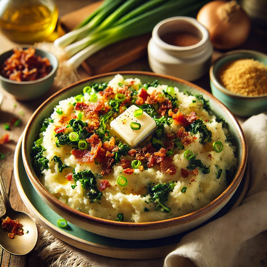A bowl of Vegan Colcannon featuring creamy mashed potatoes mixed with sautéed kale and green onions, topped with crispy vegan bacon crumbles and parsley, served on a rustic wooden table with a bowl of bacon crumbles and a linen napkin in the background.